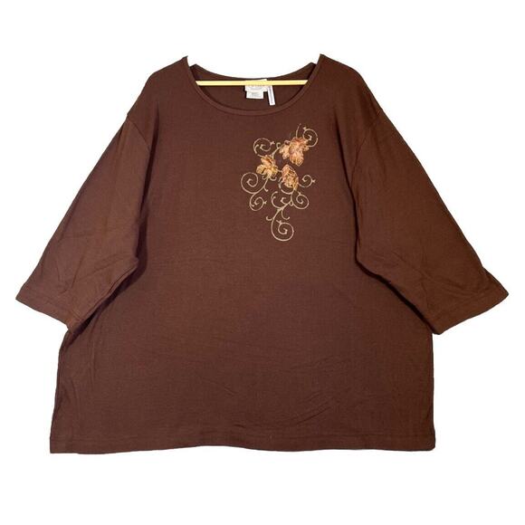 Morning Sun Tee 3X Brown 1/2 Sleeve Cotton Top Fall Leaves Embroidered Sparkle - Picture 1 of 9